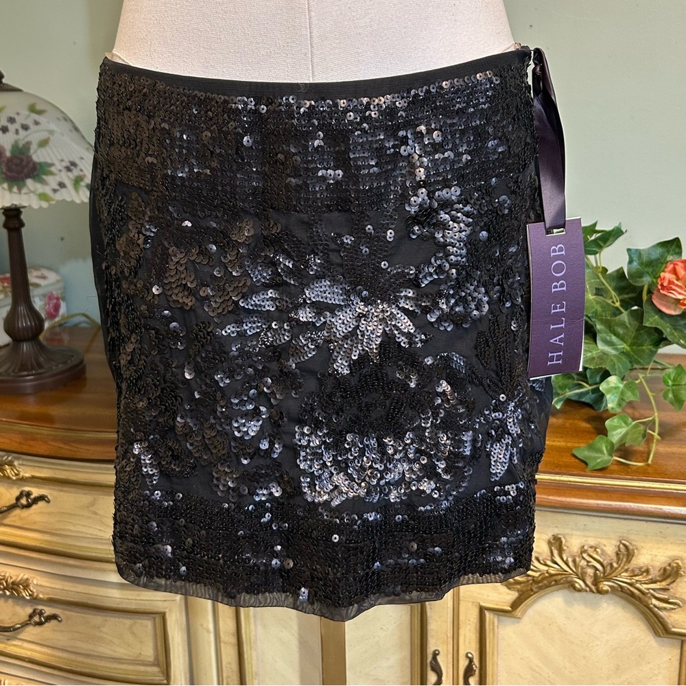 Hale Bob Black Sequin Floral Mini Skirt NEW NWT